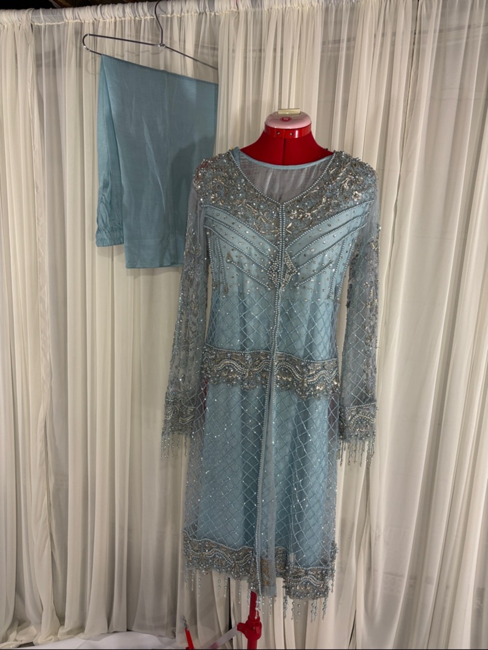 Elegant Light Blue Embellished Women's Dress